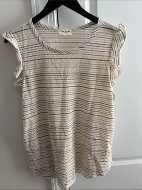 Kim & Cami Cream Tee with Pastel Stripes and Ruffle Sleeves